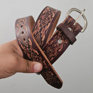 Leather belt, inca motif, brown